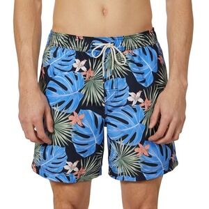 Dockers Mens Swim Shorts Blue Tropical Floral Monstera Palm Trunks 9 Inch Inseam